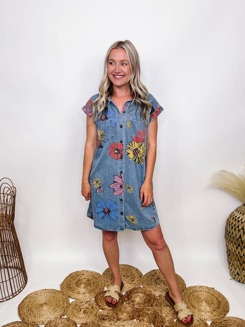 Boho Floral Button Up Denim Dress with Pockets