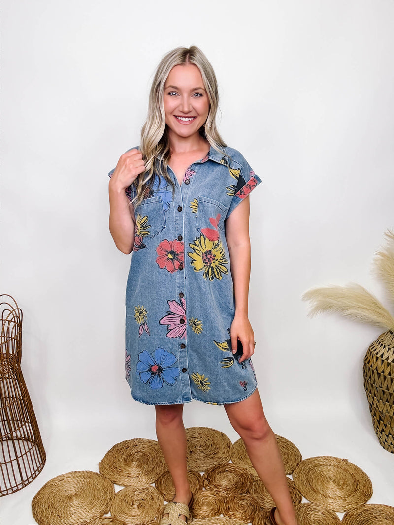 Boho Floral Button Up Denim Dress with Pockets