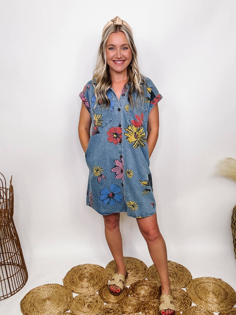 Boho Floral Button Up Denim Dress with Pockets