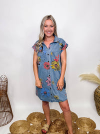 Boho Floral Button Up Denim Dress with Pockets