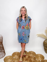 Boho Floral Button Up Denim Dress with Pockets