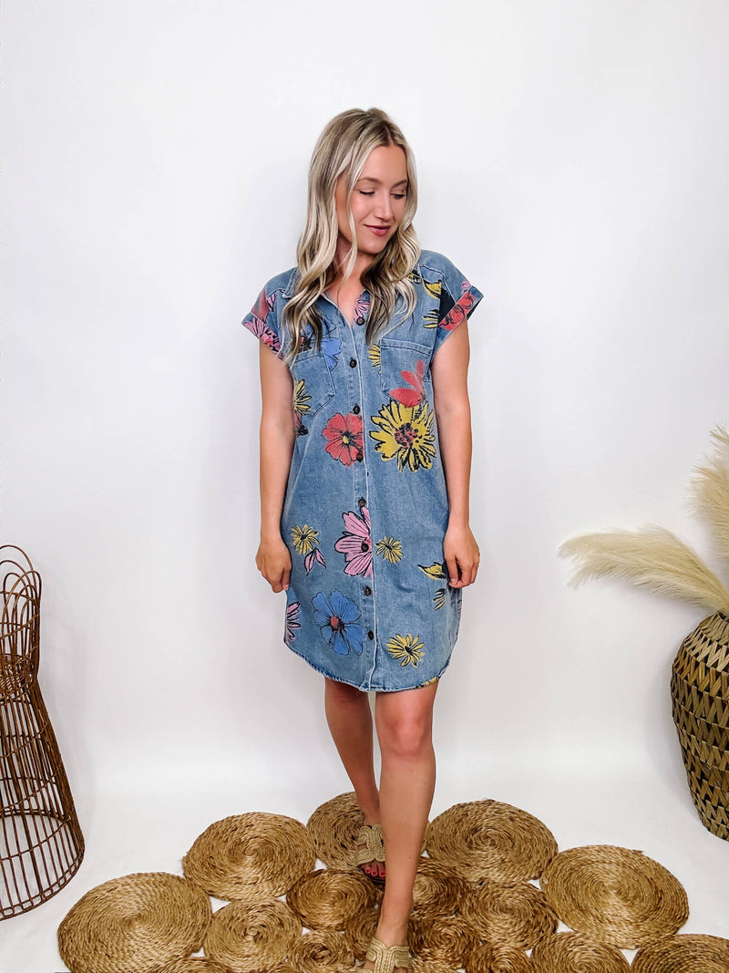 Boho Floral Button Up Denim Dress with Pockets