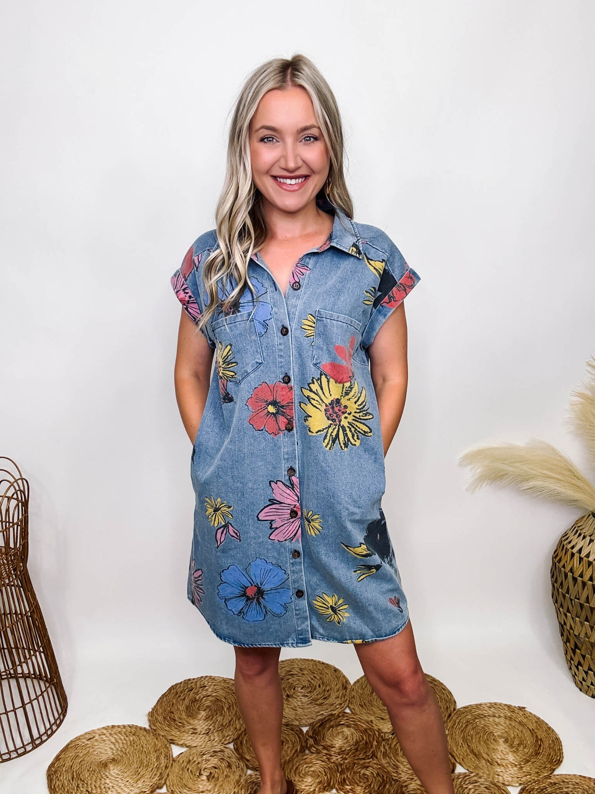 Boho Floral Button Up Denim Dress with Pockets