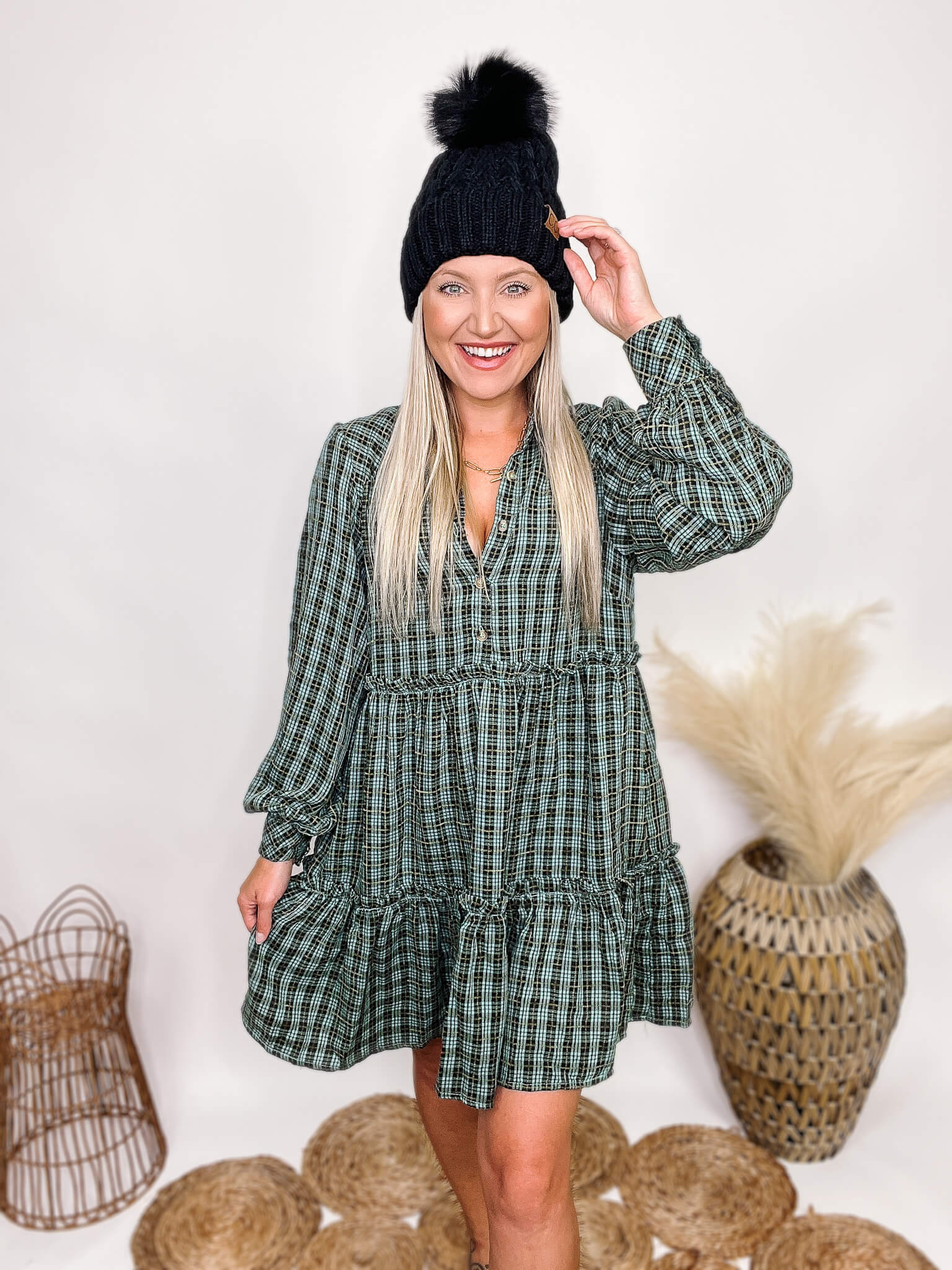 Long Sleeve Blue, Olive and Black Plaid Tiered Babydoll Dress