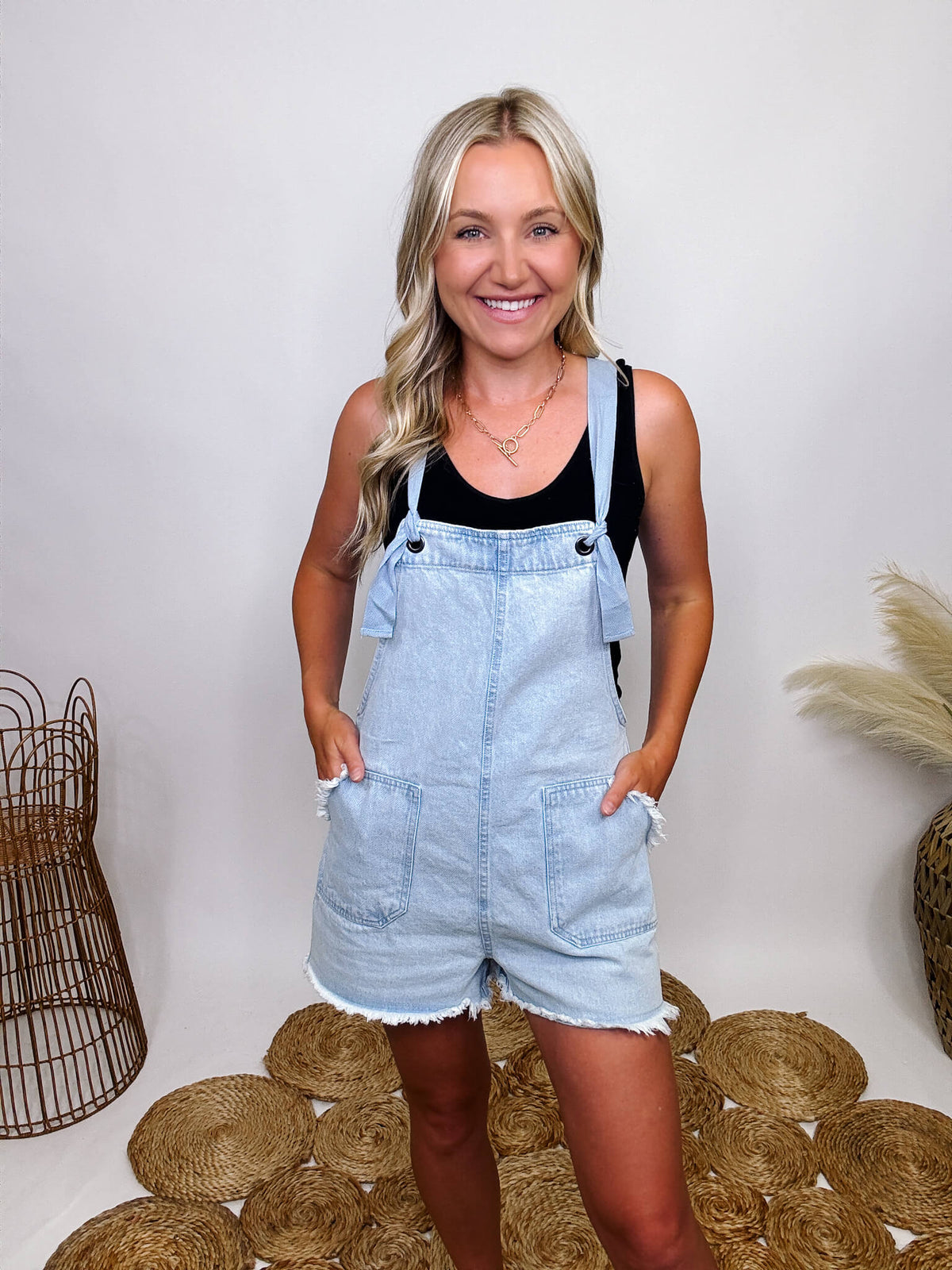 Very J Acid Washed Light Denim Short Overall Romper Adjustable Tie Straps Frayed Hem Side and Back Pockets True to Size 100% Cotton