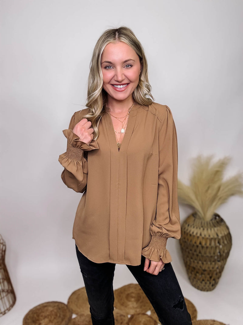 Mocha V-Neck Long Sleeve Blouse Smocked Sleeve Details Relaxed Fit