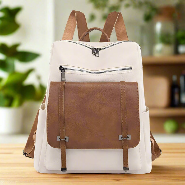 White Vegan Leather Backpack with Camel Accents