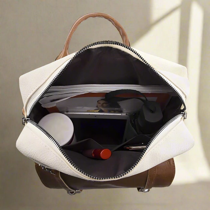 White Vegan Leather Backpack with Camel Accents