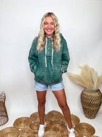 Zenana Dark Green Acid Washed Half Button Oversized Fleece Pocket Hoodie