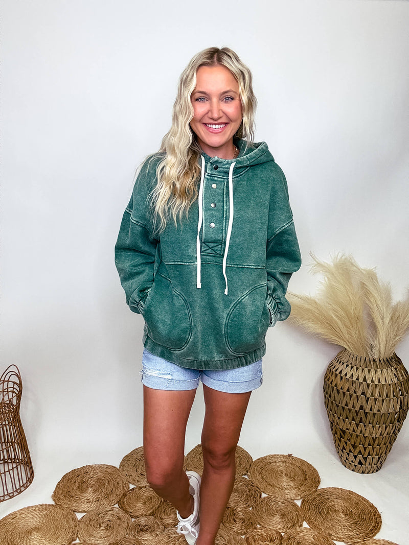 Zenana Dark Green Acid Washed Half Button Oversized Fleece Pocket Hoodie