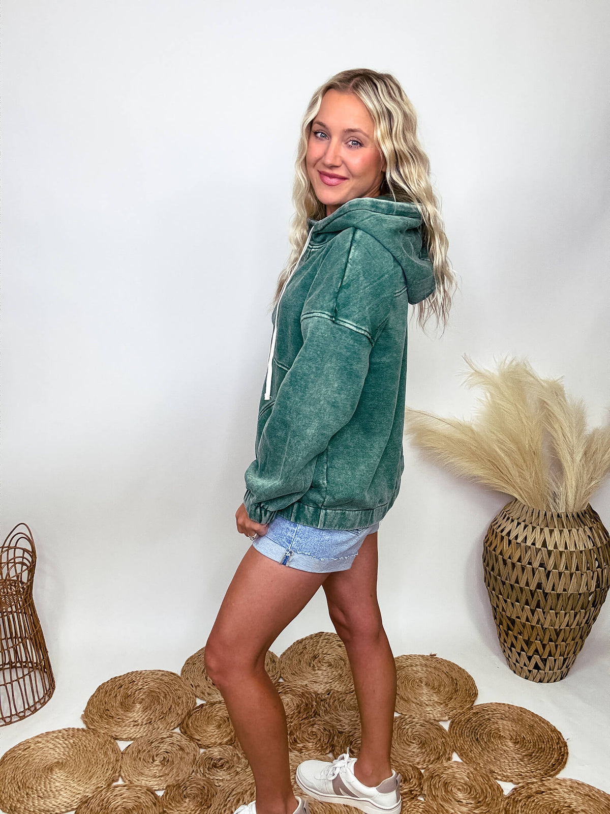 Zenana Dark Green Acid Washed Half Button Oversized Fleece Pocket Hoodie