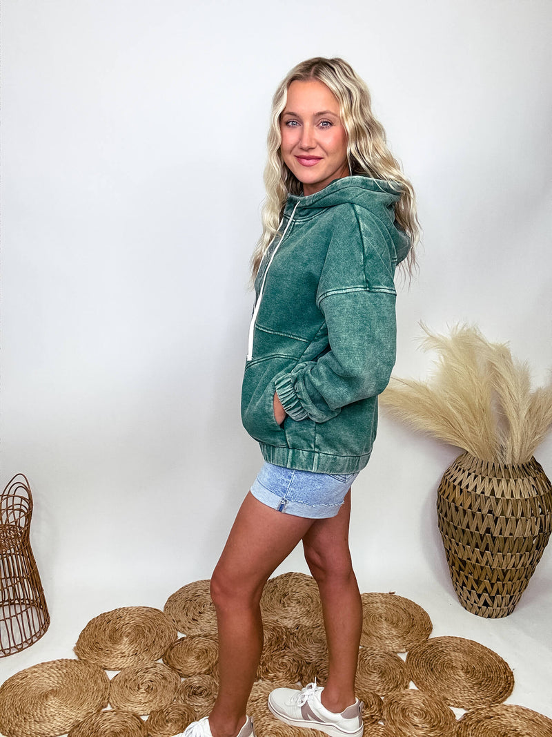 Zenana Dark Green Acid Washed Half Button Oversized Fleece Pocket Hoodie