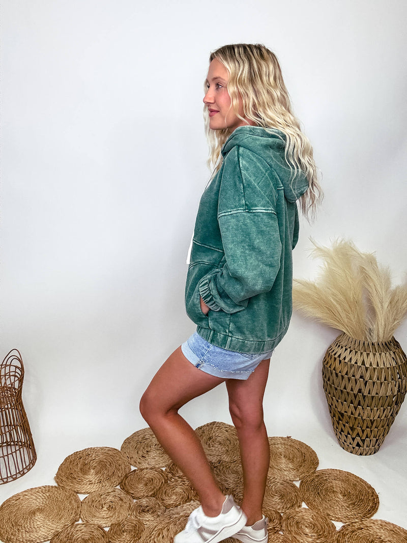 Zenana Dark Green Acid Washed Half Button Oversized Fleece Pocket Hoodie