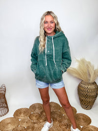 Zenana Dark Green Acid Washed Half Button Oversized Fleece Pocket Hoodie