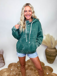 Zenana Dark Green Acid Washed Half Button Oversized Fleece Pocket Hoodie