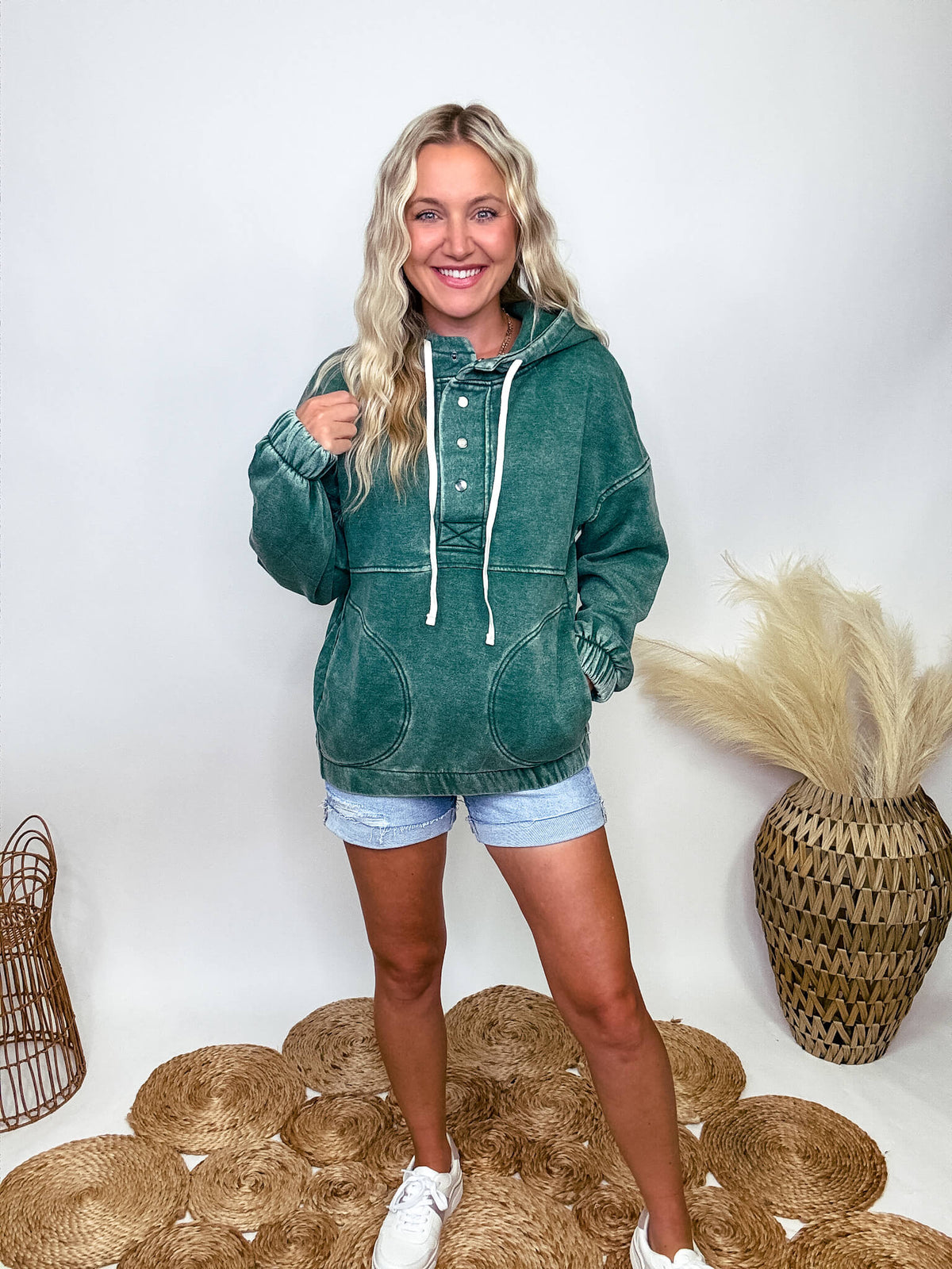 Zenana Dark Green Acid Washed Half Button Oversized Fleece Pocket Hoodie