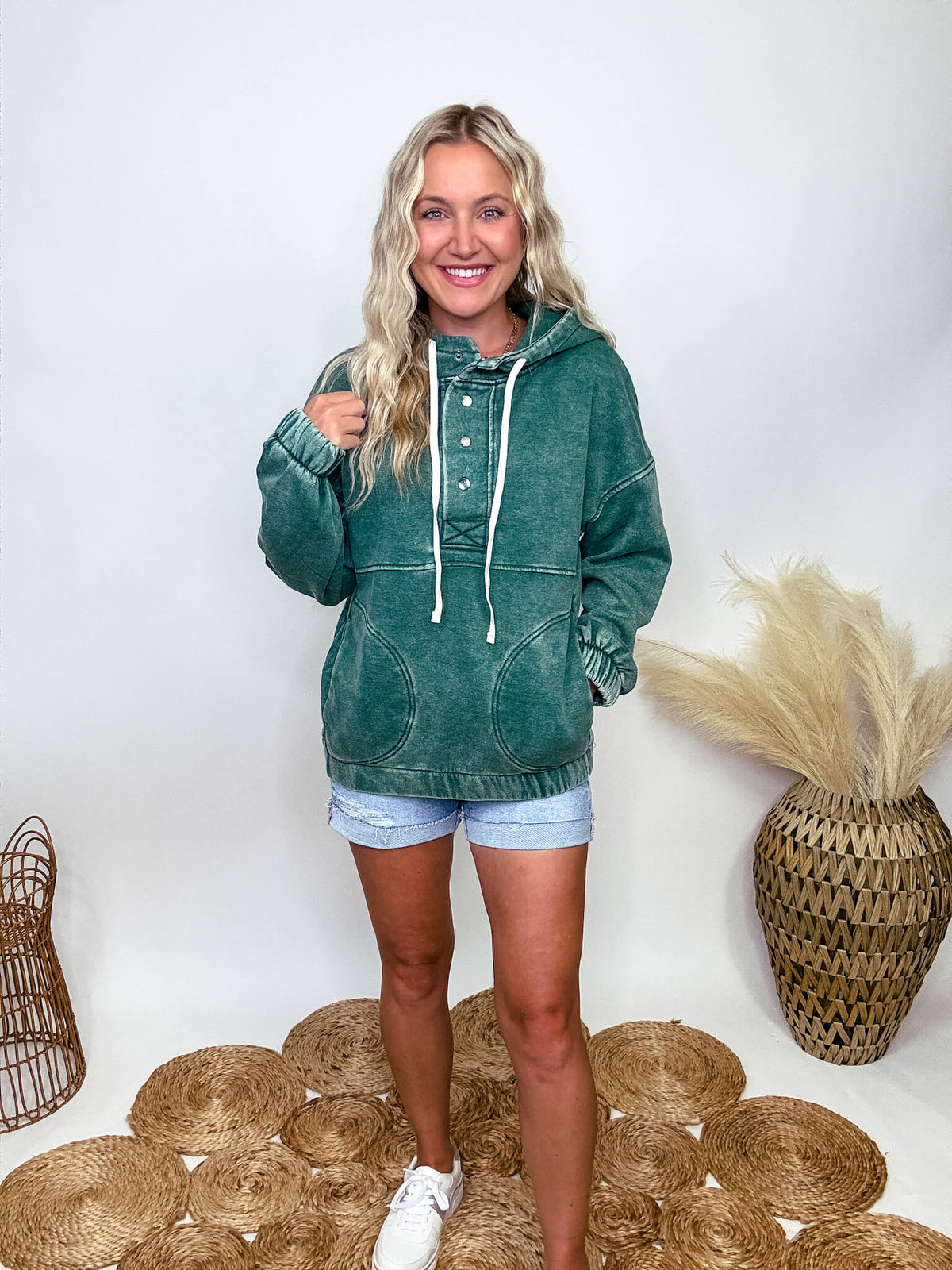 Zenana Dark Green Acid Washed Half Button Oversized Fleece Pocket Hoodie