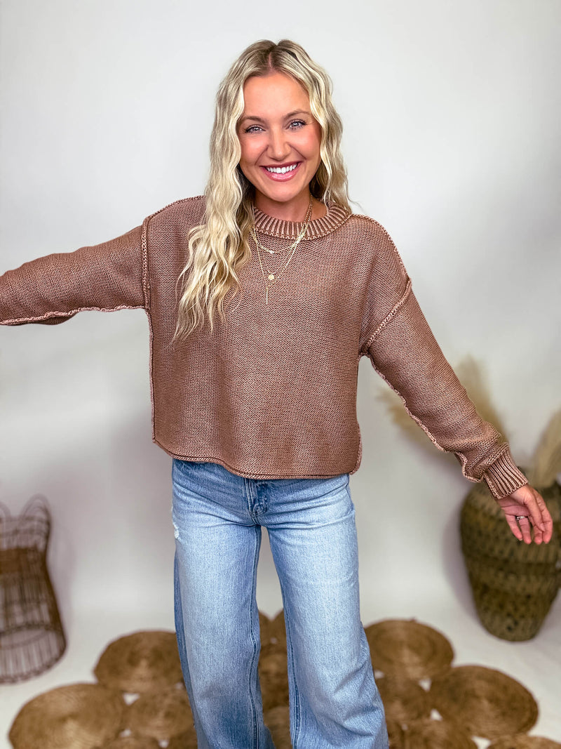 Zenana Deep Camel Acid Washed Exposed Seam Crew Neck Sweater