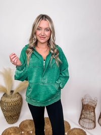 Zenana Acid Washed Forest Green 1/4 Zip Closure Fleece Lined Hoodie Pullover Kangaroo Pocket Ribbed Cuff and Hem Details Oversized Fit 58% Cotton, 37% Polyester, 5% Spandex