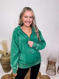 Zenana Acid Washed Forest Green 1/4 Zip Closure Fleece Lined Hoodie Pullover Kangaroo Pocket Ribbed Cuff and Hem Details Oversized Fit 58% Cotton, 37% Polyester, 5% Spandex