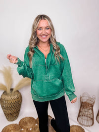 Zenana Acid Washed Forest Green 1/4 Zip Closure Fleece Lined Hoodie Pullover Kangaroo Pocket Ribbed Cuff and Hem Details Oversized Fit 58% Cotton, 37% Polyester, 5% Spandex