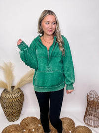 Zenana Acid Washed Forest Green 1/4 Zip Closure Fleece Lined Hoodie Pullover Kangaroo Pocket Ribbed Cuff and Hem Details Oversized Fit 58% Cotton, 37% Polyester, 5% Spandex