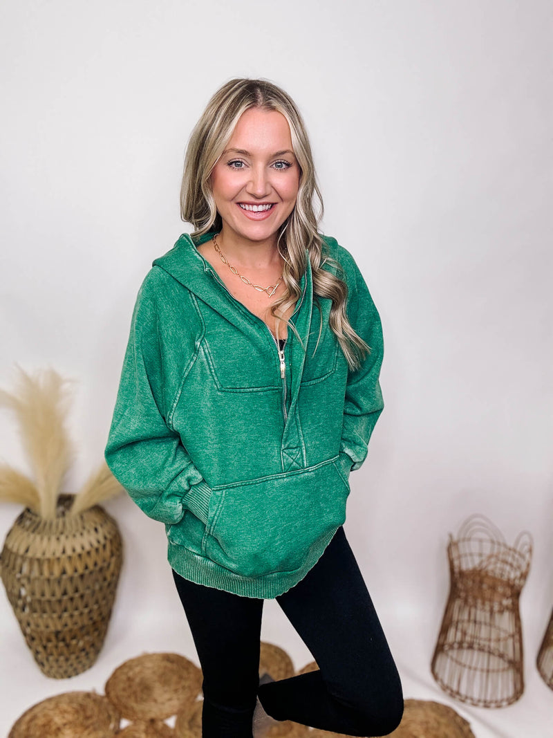 Zenana Acid Washed Forest Green 1/4 Zip Closure Fleece Lined Hoodie Pullover Kangaroo Pocket Ribbed Cuff and Hem Details Oversized Fit 58% Cotton, 37% Polyester, 5% Spandex