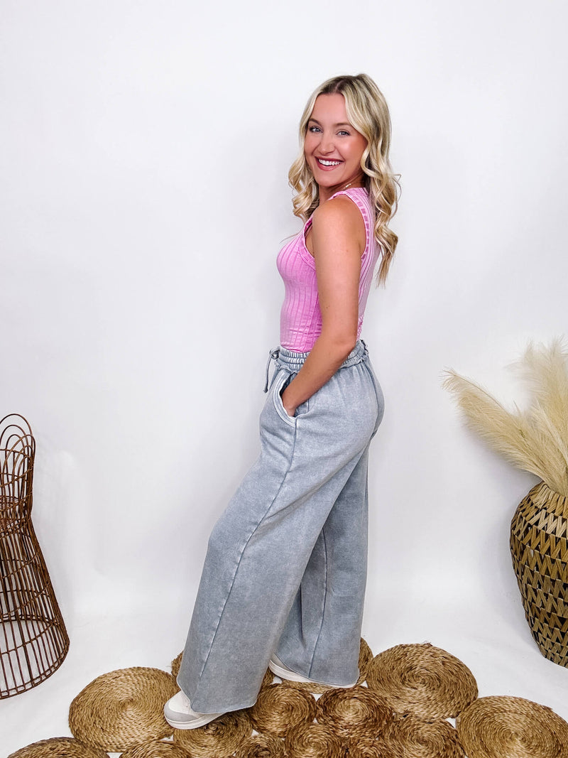 Zenana Grey Acid Washed Wide Leg Palazzo Sweatpants