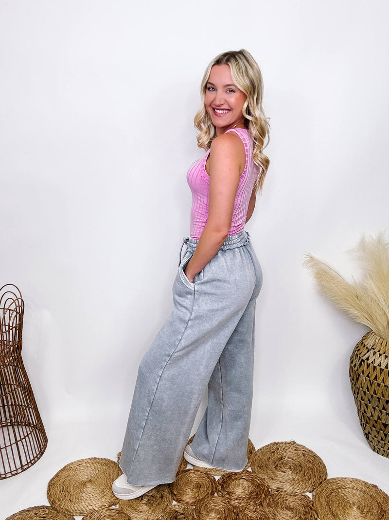 Zenana Grey Acid Washed Wide Leg Palazzo Sweatpants