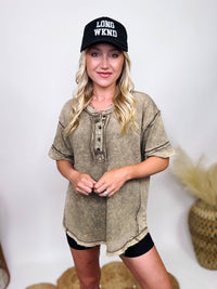 Zenana Mocha Acid Washed Henley Button Up Oversized Short Sleeve Top