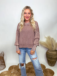 Zenana Mocha Acid Washed Ribbed Side Slit Sweater