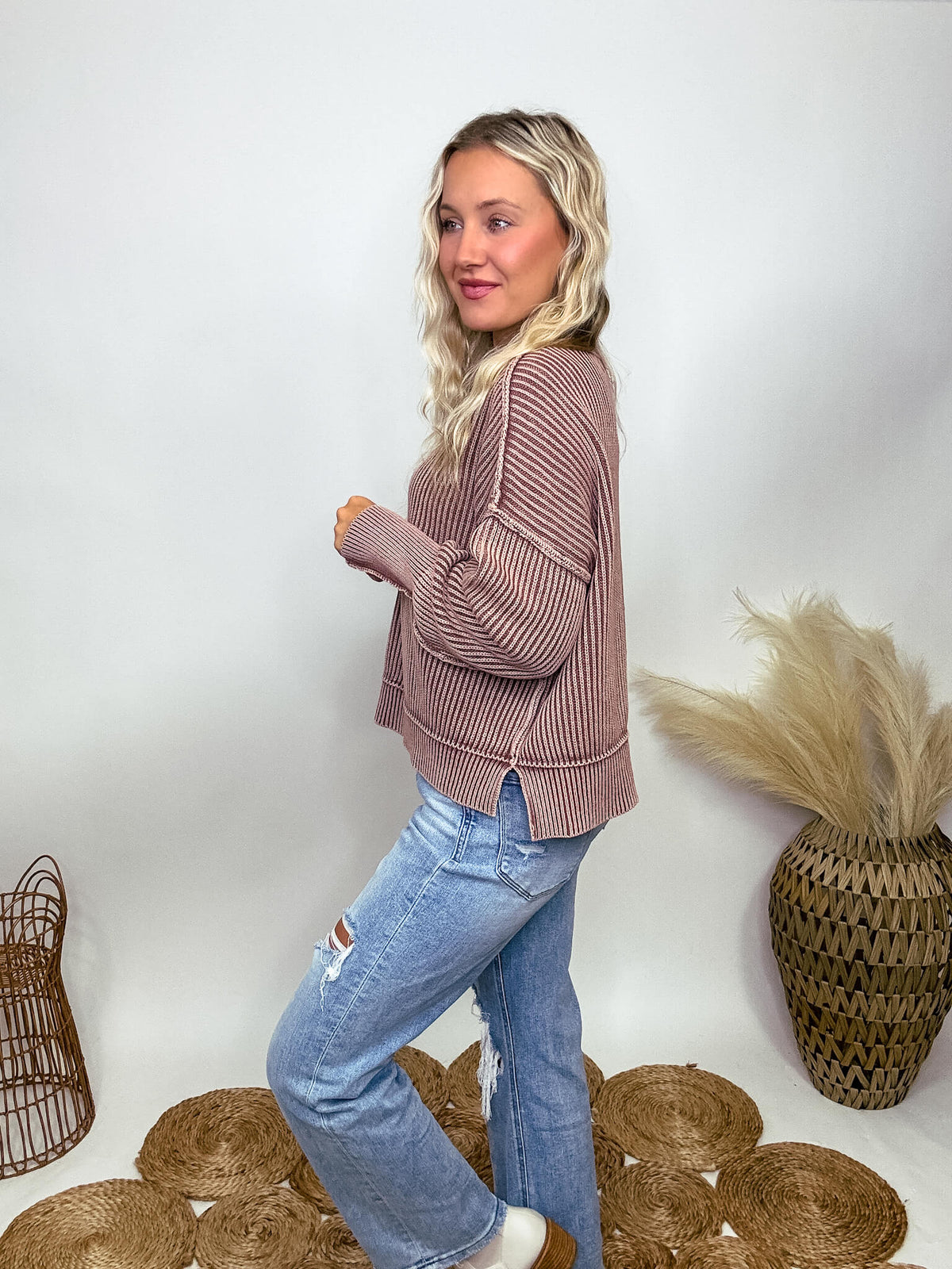 Zenana Mocha Acid Washed Ribbed Side Slit Sweater