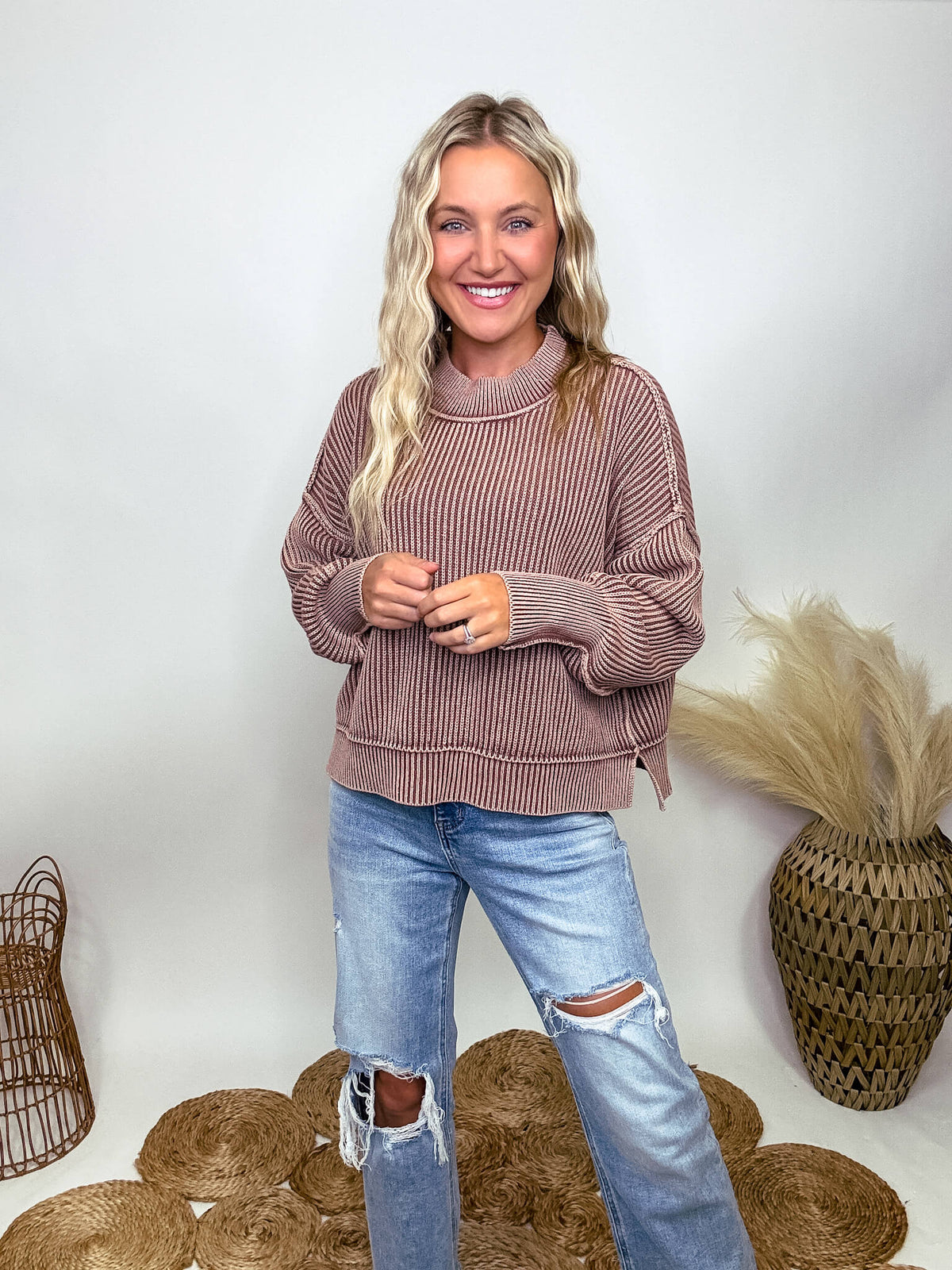 Zenana Mocha Acid Washed Ribbed Side Slit Sweater