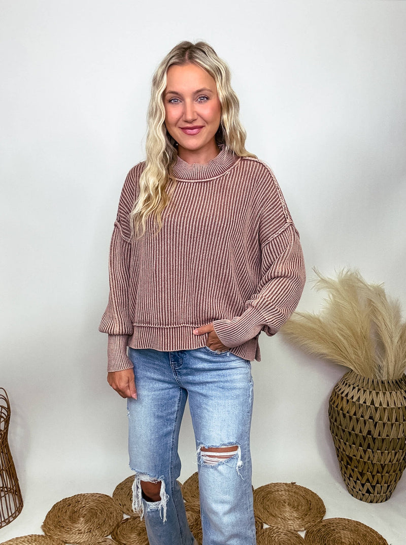 Zenana Mocha Acid Washed Ribbed Side Slit Sweater