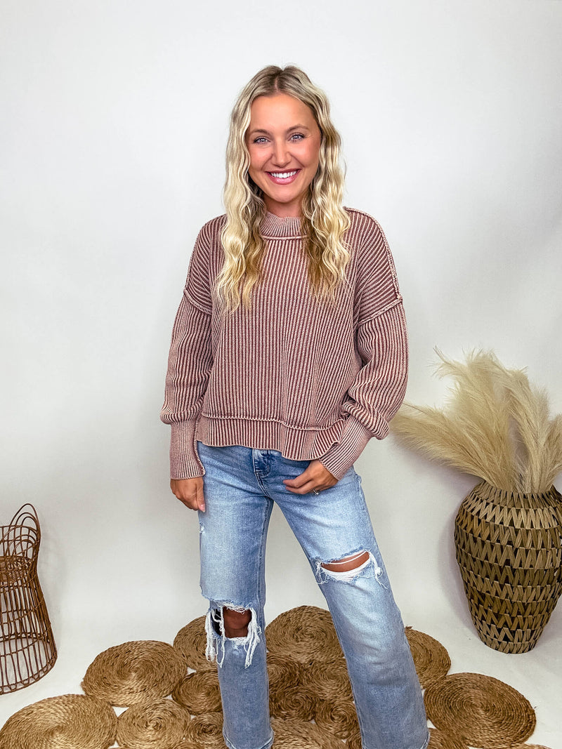 Zenana Mocha Acid Washed Ribbed Side Slit Sweater