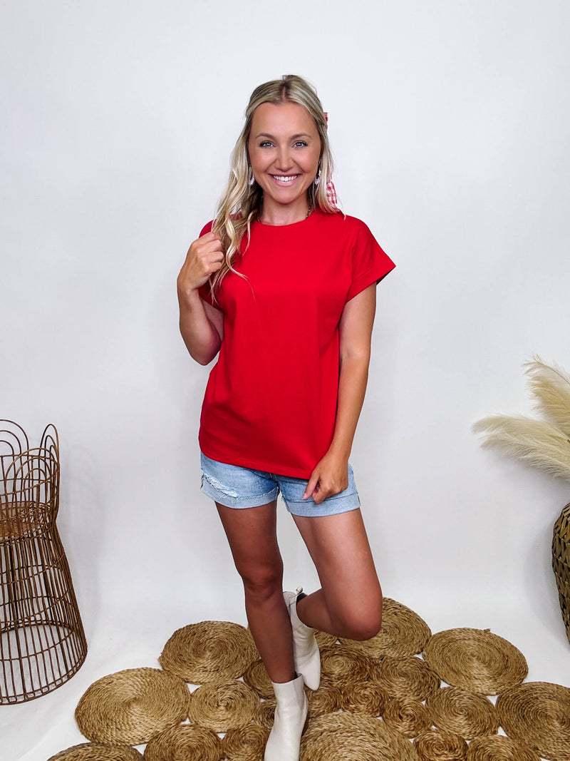 Zenana Red Folded Short Sleeves T-Shirt Relaxed Fit 100% Cotton