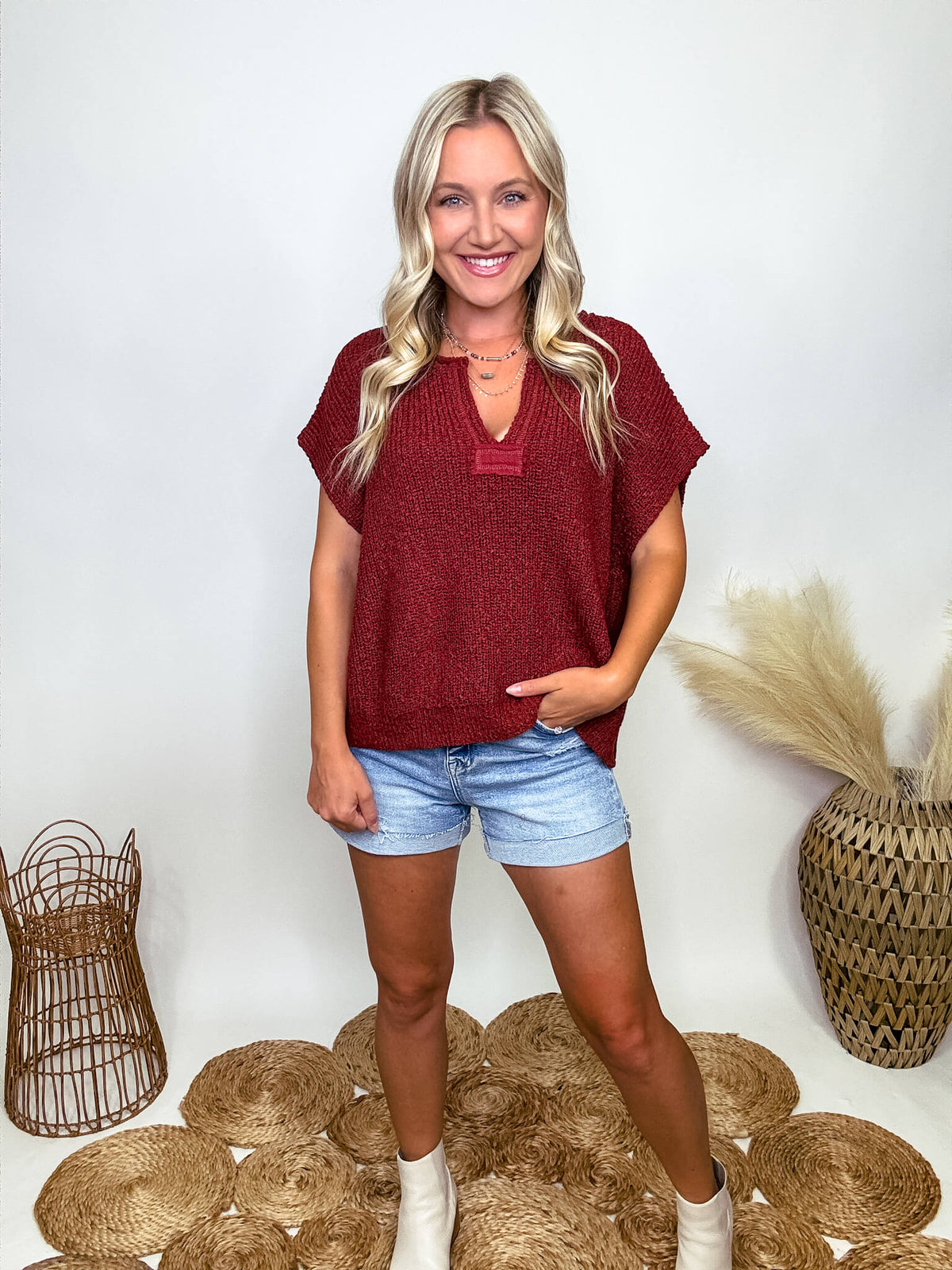 Zenana Rust Short Sleeve Split Neck Sweater with Back Patch Detail 