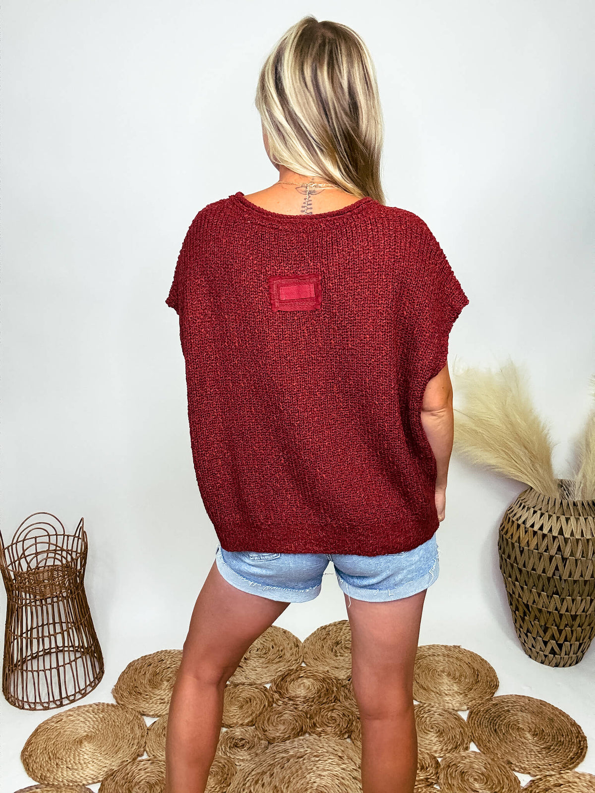 Zenana Rust Short Sleeve Split Neck Sweater with Back Patch Detail 