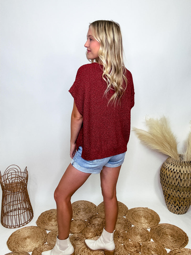 Zenana Rust Short Sleeve Split Neck Sweater with Back Patch Detail 