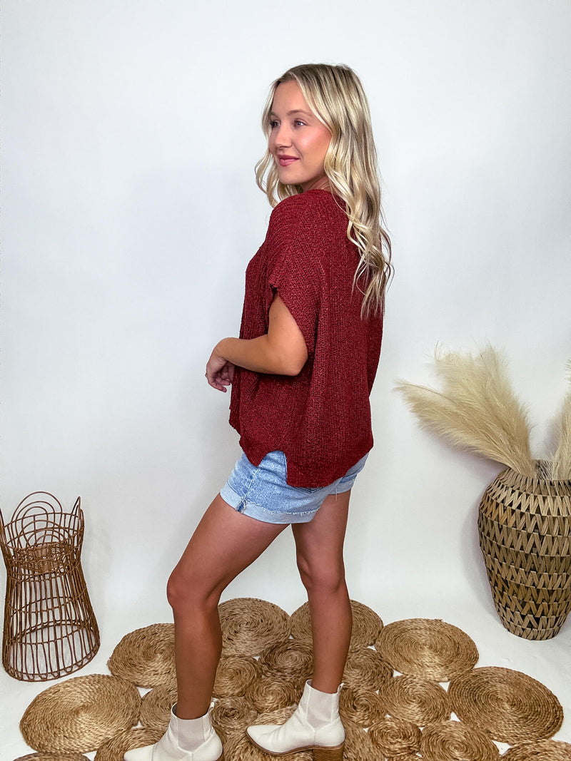 Zenana Rust Short Sleeve Split Neck Sweater with Back Patch Detail 