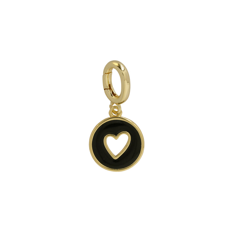 Black Circle Cutout Heart Charm with interchangeable clasp in 18k gold-plated brass, perfect for customizing necklaces and gifting, available at Bmaes Boutique.