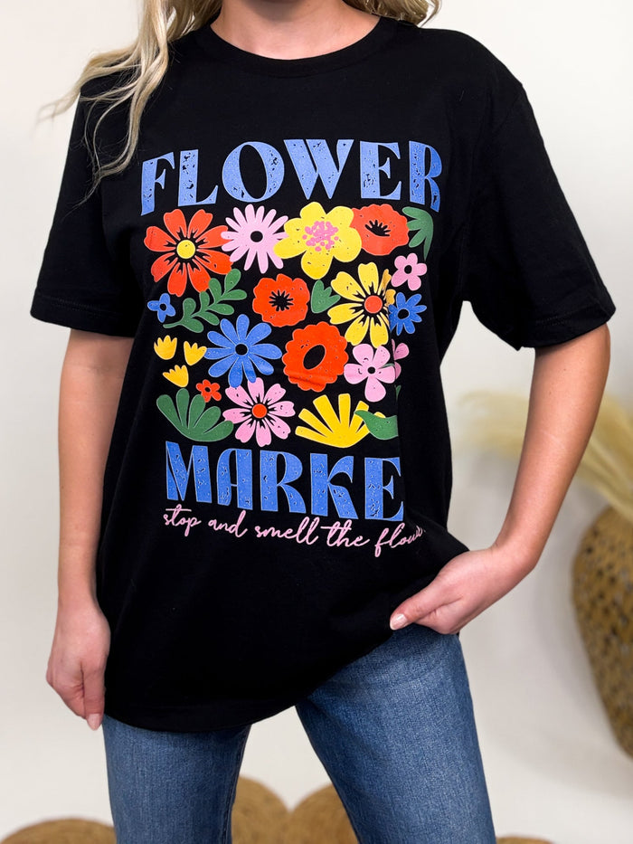 Black oversized Flower Market graphic tee with a vintage-inspired floral design and boho vibes. Spring graphic tee. 