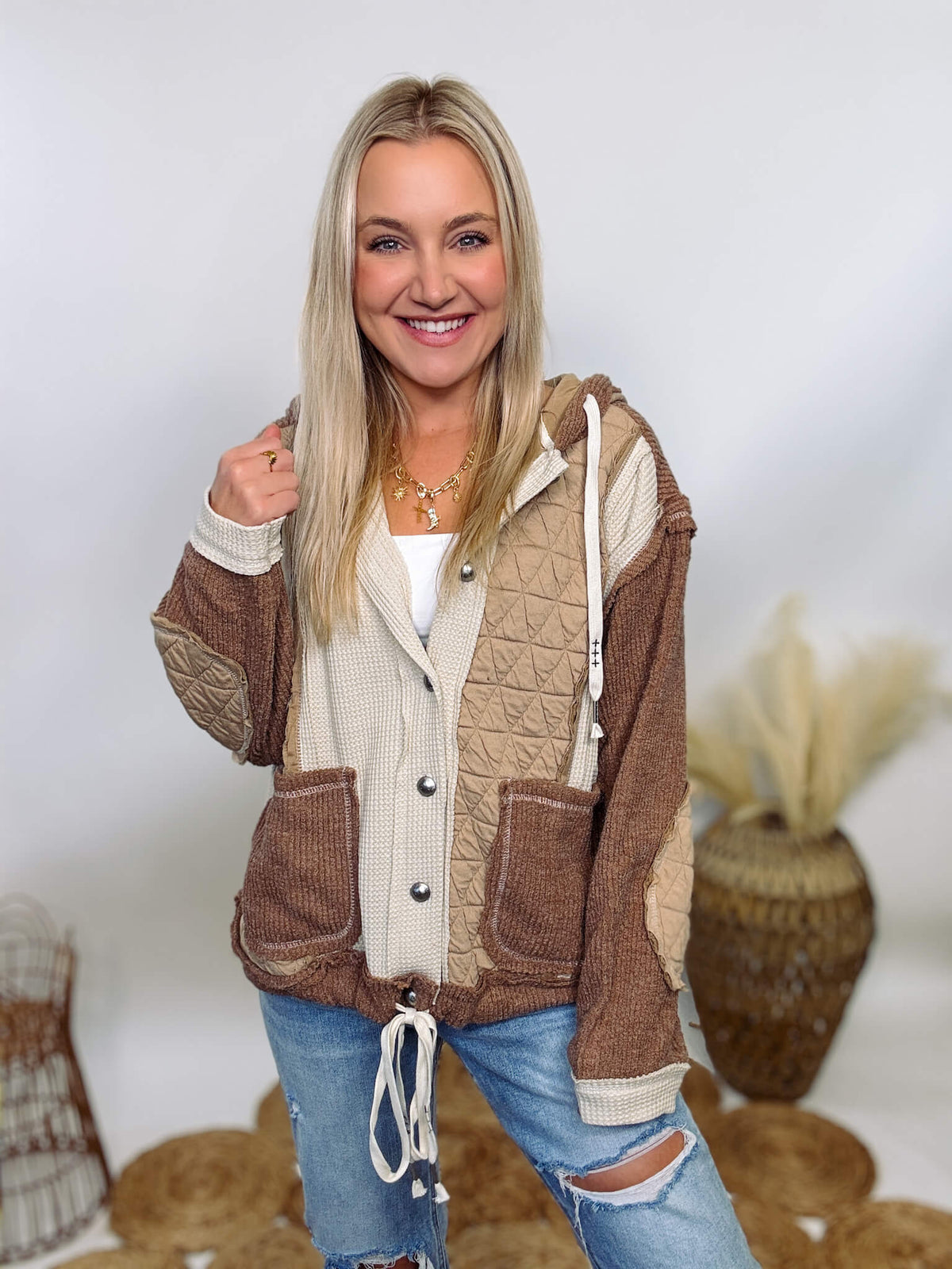 POL brown and Cream Quilted Patchwork Button-Up Oversized Hoodie Jacket with drawstring hood and waist, featuring cozy, neutral tones for fall