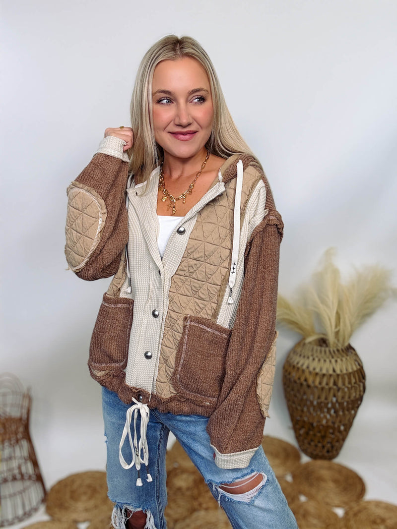 POL brown and Cream Quilted Patchwork Button-Up Oversized Hoodie Jacket with drawstring hood and waist, featuring cozy, neutral tones for fall