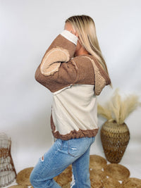 POL brown and Cream Quilted Patchwork Button-Up Oversized Hoodie Jacket with drawstring hood and waist, featuring cozy, neutral tones for fall