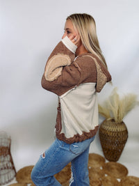 POL brown and Cream Quilted Patchwork Button-Up Oversized Hoodie Jacket with drawstring hood and waist, featuring cozy, neutral tones for fall