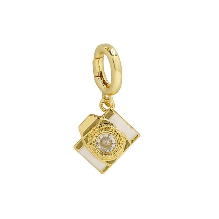 Camera Charm with interchangeable clasp made of 18k gold-plated brass from the Charm Bar at Bmaes Boutique, featuring a cubic zirconia center with white and gold details, perfect for adventurers and photography lovers.