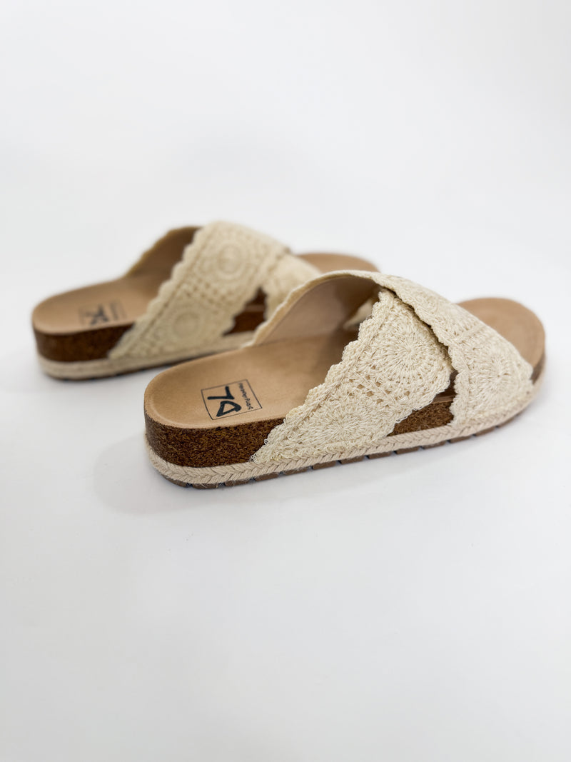 Chinese Laundry natural cream crochet boho tacoma sandals with intricate detailing and open-toe design, perfect for spring and summer outfits.