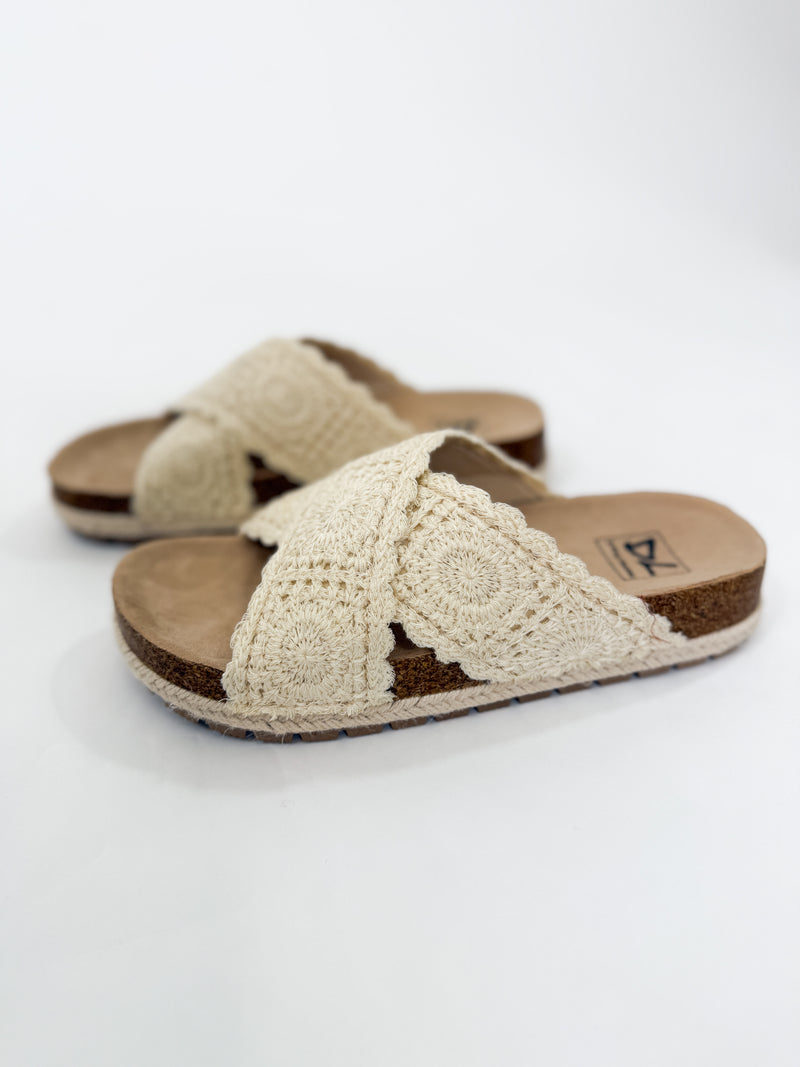 Chinese Laundry natural cream crochet boho tacoma sandals with intricate detailing and open-toe design, perfect for spring and summer outfits.