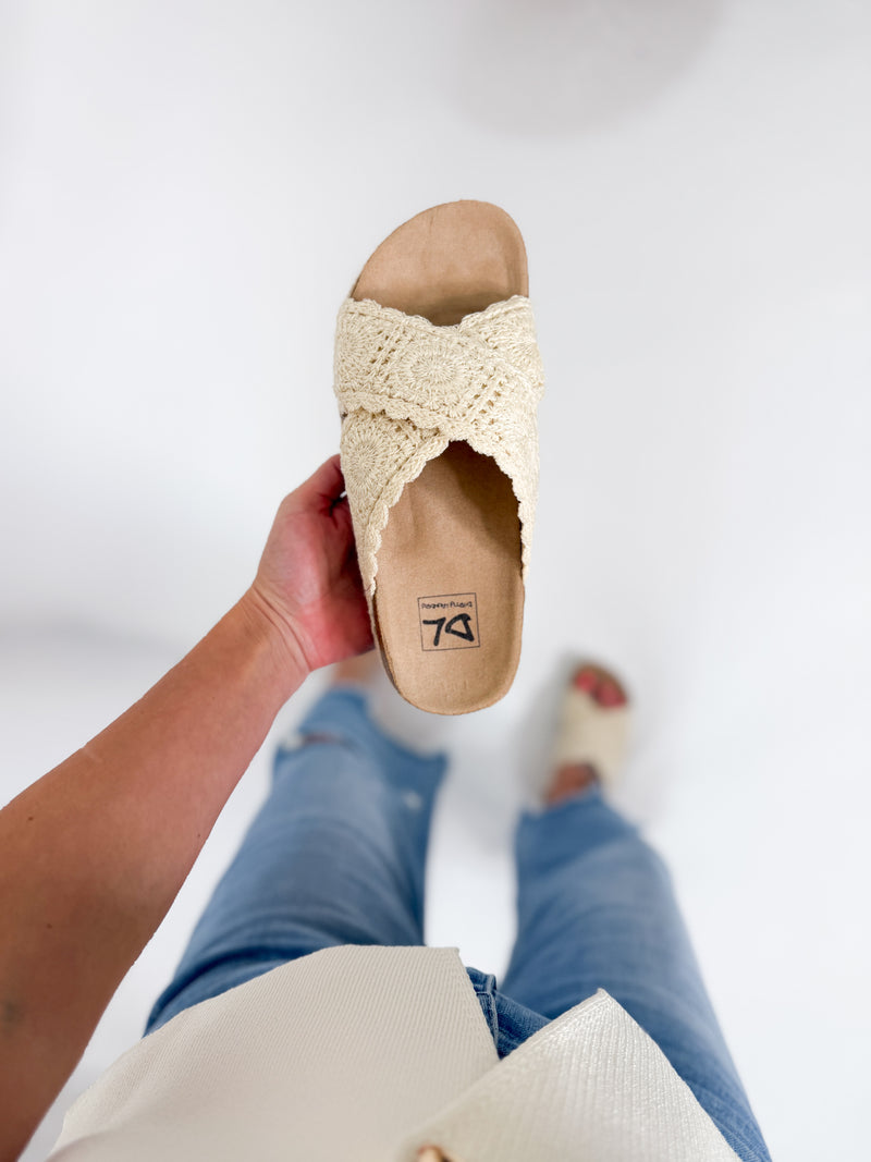 Chinese Laundry natural cream crochet boho tacoma sandals with intricate detailing and open-toe design, perfect for spring and summer outfits.